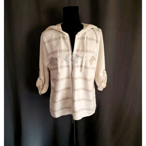 Pleasant Blue Willis White Abstract Cat Zip Up Cotton Sweater Silk Hood Large